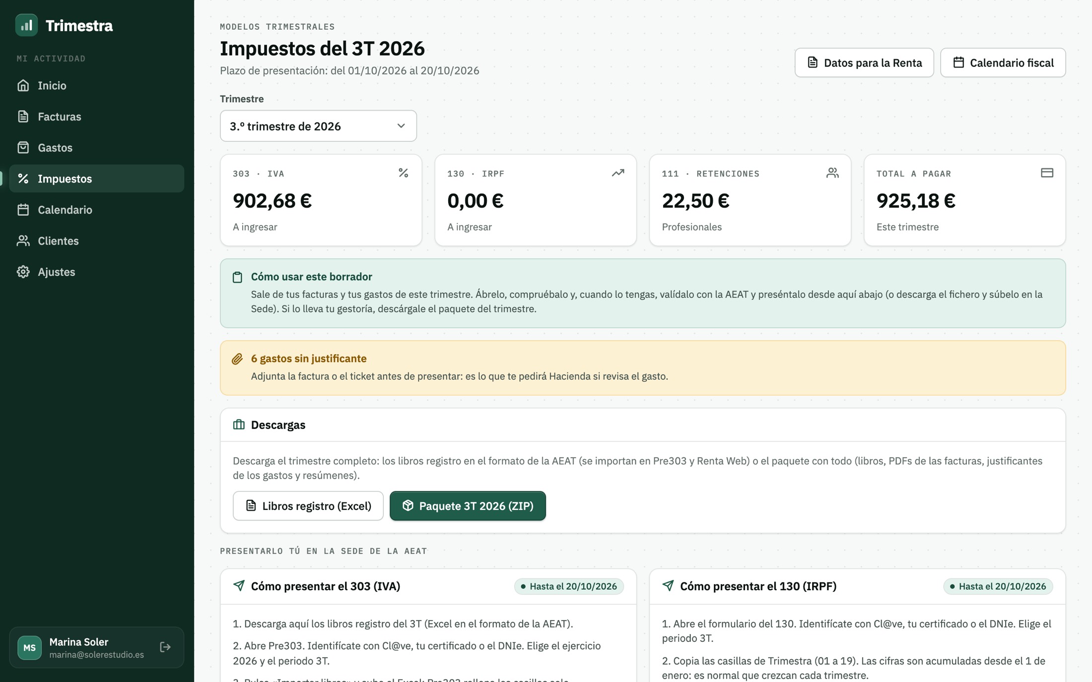 Pantalla de impuestos con el resultado del trimestre y los modelos a presentar